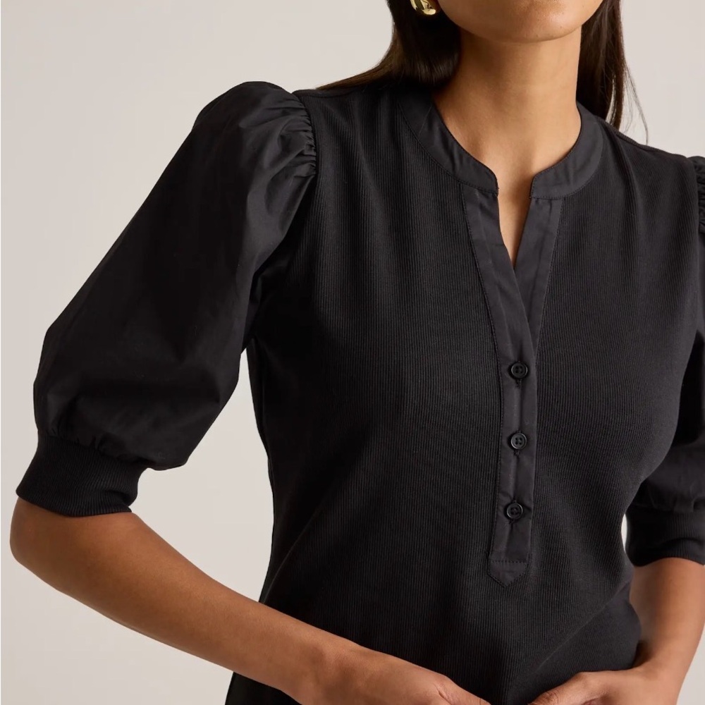 Quince Mixed Media Puff Sleeve Women's Top in Black Size XL 053 - Picture 2 of 4
